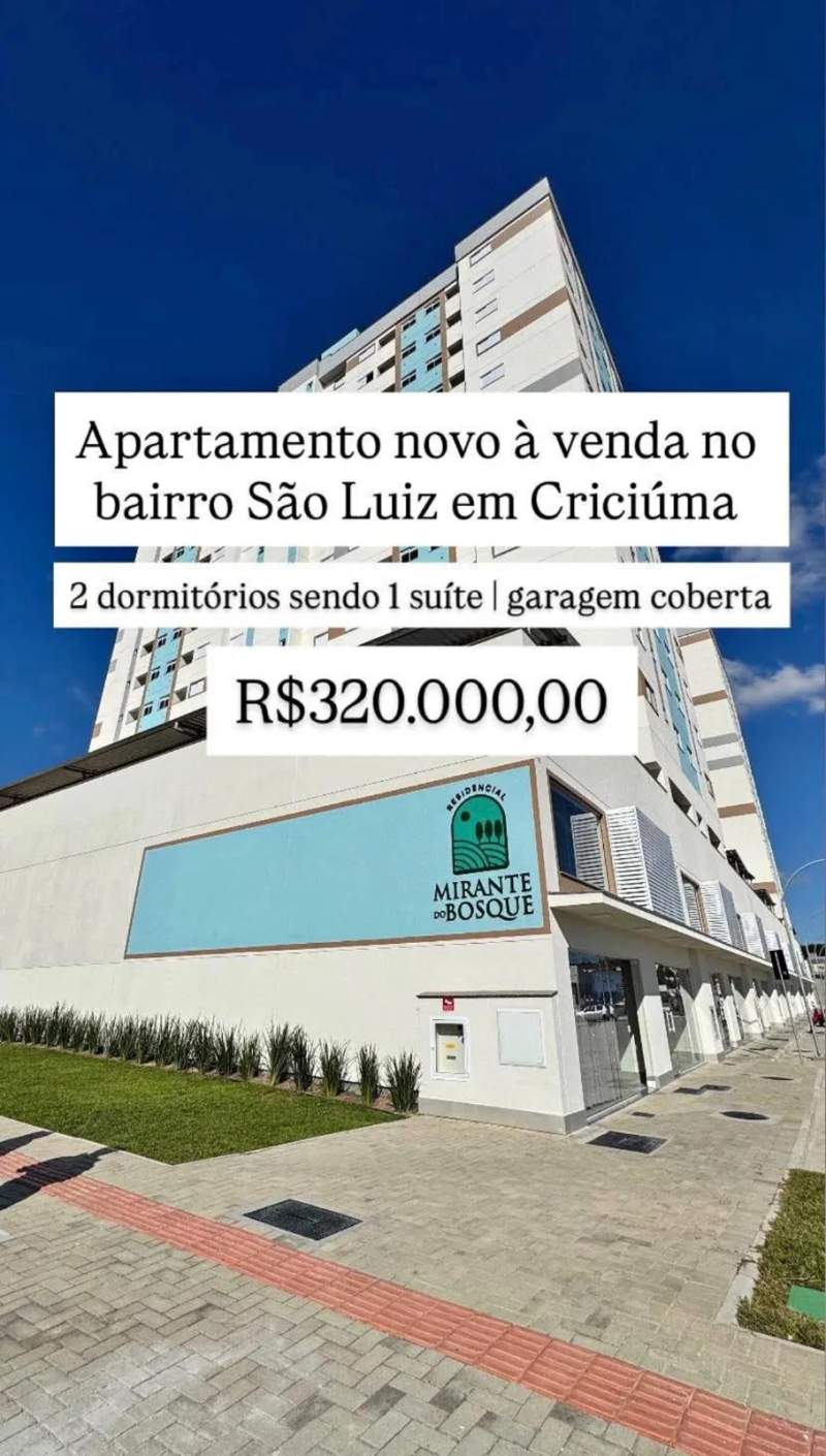 Apartamento novo no Residencial Mirante do Bosque – 2 dormitórios com suíte no São Luiz em Criciúma